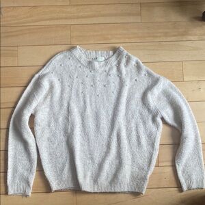 H&M Cream Crew Neck Sweater Soft with Pearl Detail at the top